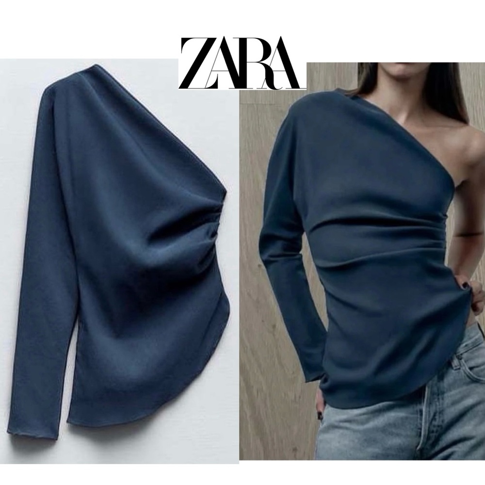 Zara women’s teal blue asymmetrical one sleeve one shoulder ruched top blouse M